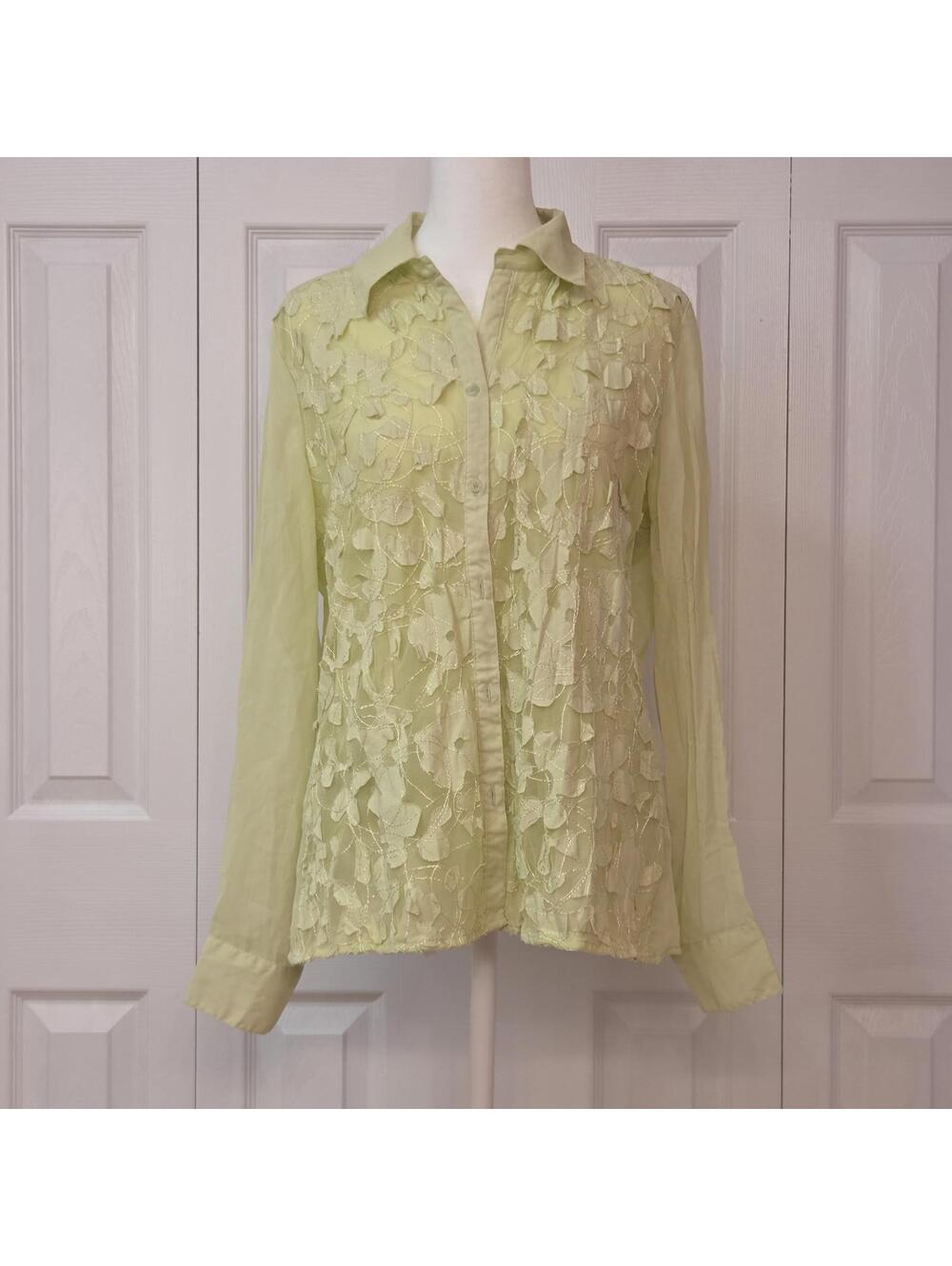 Retro 70s Lime Green Floral Collared Shirt Size M Y2K Indie Fairy Sheer Blouse